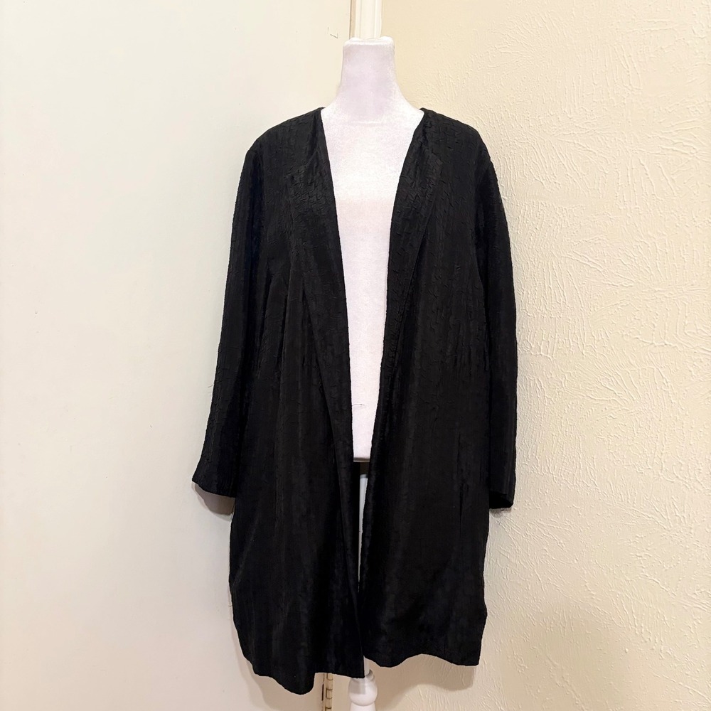 Eileen Fisher Black Silk Linen Blend Textured Open Front Long Jacket Coat Large